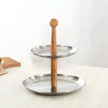 Stainless Steel Multi-Layer Cake Dessert Rack Fruit Tray Dessert Display Rack Desktop Shelf Snack Rack Double Tray - Silver (wooden Column) - View 11