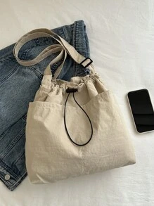 Geantă din material lejeră, de mare capacitate, elegantă, cu închidere cu șnur, curea lată și design de toc pentru școală, navetă și cumpărături