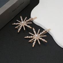 2 Peças Presilha de Cabelo com Estrela de Pérola Falsa e Strass, Decoração Fofa e Delicada de Floco de Neve, Presilhas de Garra, Grampos de Cabelo, Acessórios Escolares, Acessórios de Cabelo de Pérola, Acessórios de Cabeça, Grampo de Cabelo - Multicolorido - Visão 3