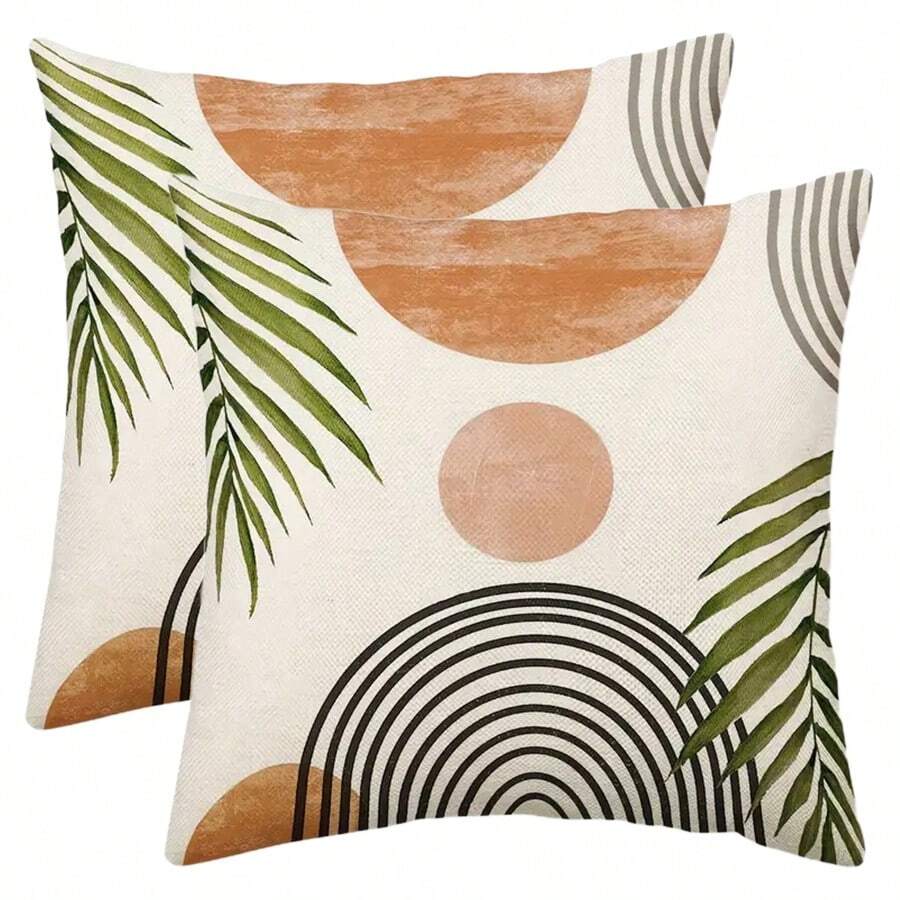 2 Chiếc Vỏ Gối Mùa Hè Bohemian 45.72 X 45.72 Cm, Vỏ Gối Trang Trí Ngoài Trời Màu Cam Và Lá Màu Xanh Lá Cây, Vỏ Gối Trang Trí Trừu Tượng Thời Trung Cổ Vỏ Gối Bằng Vải Lanh Không Có Lõi Gối - Nhiều màu - Xem 1
