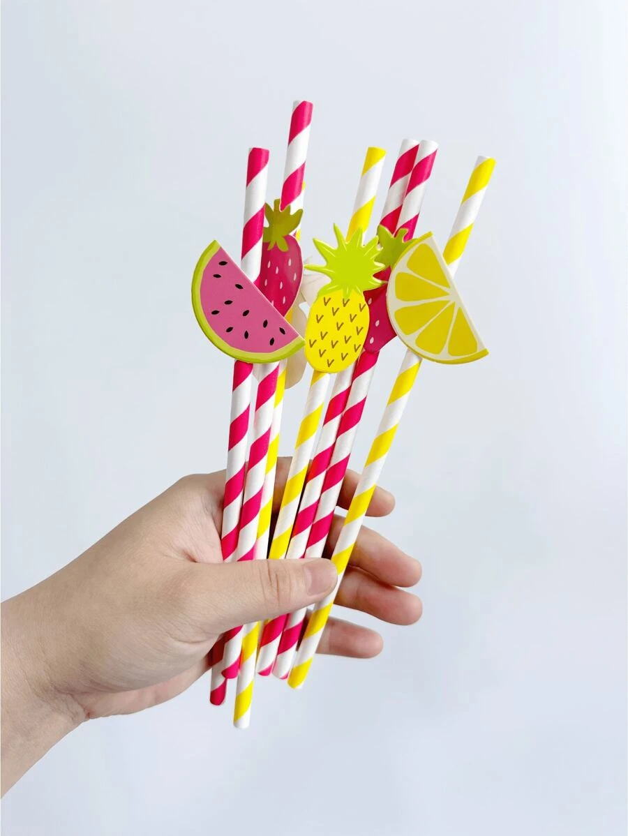 10 件水果图案纸质吸管，适用于一次性餐具、生日派对装饰、饮料学校用品、圣诞礼物