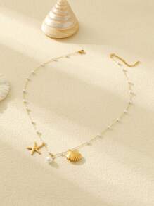 ZIRUISP 1 pieza Collar con colgante de acero inoxidable con estrella de mar y concha de perla falsa, estilo de vacaciones en la playa para mujeres