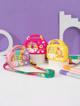 1入新款兒童拼圖造型純色硅膠拉鍊斜挎包，零錢包，適用於戶外、海灘包