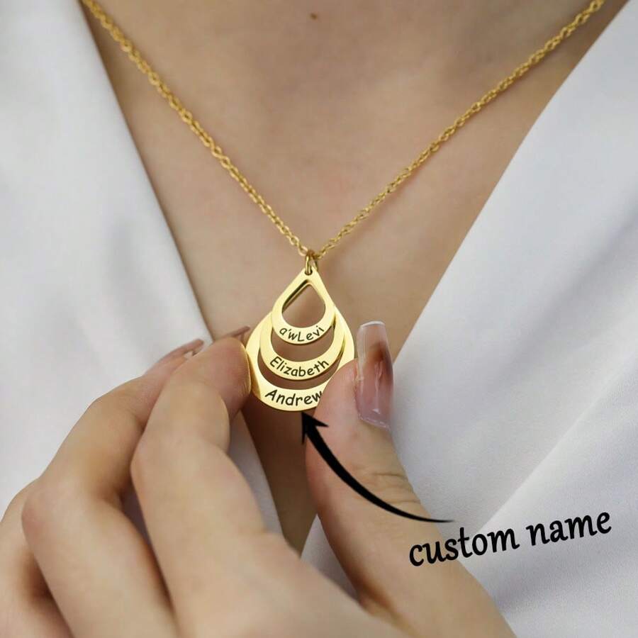 Dây chuyền tên tùy chỉnh bằng thép không gỉ cho phụ nữ 1-4 tên Vòng cổ khắc nhiều lớp hình giọt nước Trang sức tùy chỉnh cá nhân Phụ kiện đeo tay Trang sức ngày lễ tình nhân Quà tặng gia đình Ngày lễ tình nhân - vàng - Xem 1