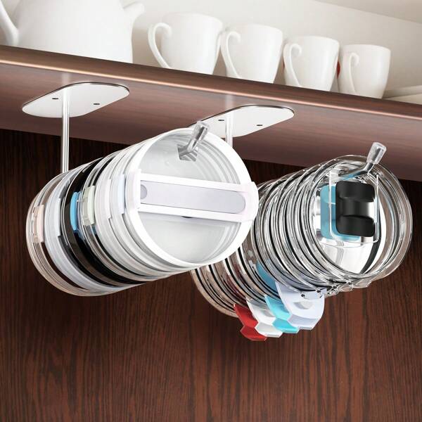 2 PCS Tumbler Lid Organizer, Under Cabinet Tumbler Cup Lid Organizer For Tumbler/Yeti Tumbler Lids Self-Adhesive Or Drilling Lid Hook