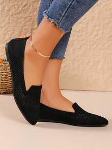 Pointed Knitted Comfortable Breathable Solid Color Flat Women's Shoes - Black - View 4