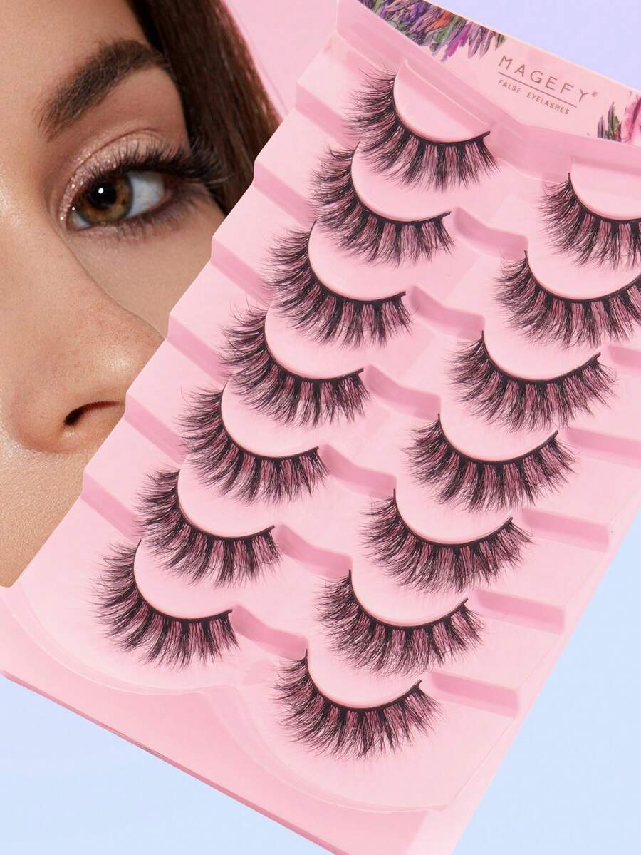 MAGEFY 7 Pairs Natural Fluffy False Eyelashes Faux Mink Long Eyelashes Extensions Slim Soft For Everyday Use Makeup Tool For Beauty - 黑色 - 查看 1