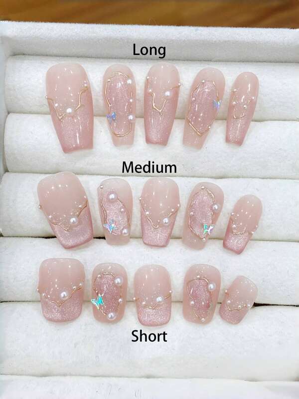 10Pcs Dream Of Midsummer Naked Cat Eye High-Grade Shell, Sweet And Elegant Coffin-Shaped Hand-Painted Nail Art Wearable Nail Set, Elegant & Classic For Daily Use Press On Nails Nail Supplies Nails