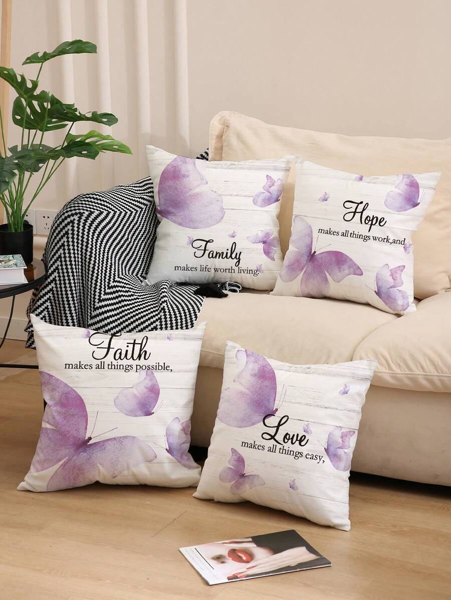 1入/4入組紫色蝴蝶字母印花涤棉枕套，房間、臥室和沙發裝飾，靠墊套，尺寸為17.7*17.7英寸，不包括枕芯 - 彩色 - 查看 1