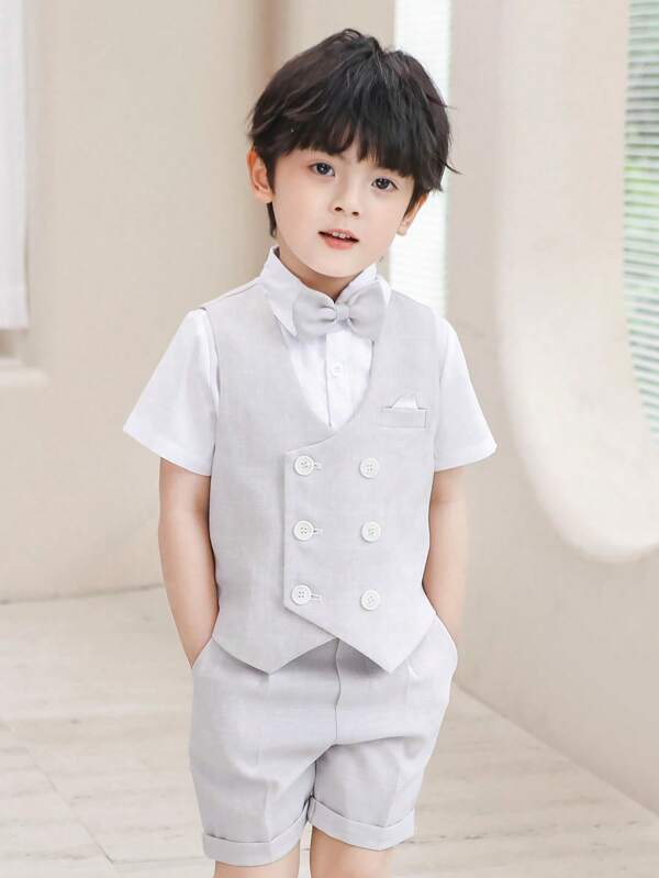 4 piezas Conjunto de traje formal gris claro para niños jóvenes: chaleco cruzado, pantalones cortos de cintura elástica, camisa de manga corta blanca, corbata de moño a juego, atuendo de caballero de verano para escuela, bodas, fiestas, actuaciones
