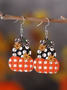 Cercei de Halloween/Ziua Recunoștinței/Recolta pentru femei, cu flori de leopard, dovleac, accesorii vintage pentru urechi din lemn cu două fețe, cadou de petrecere