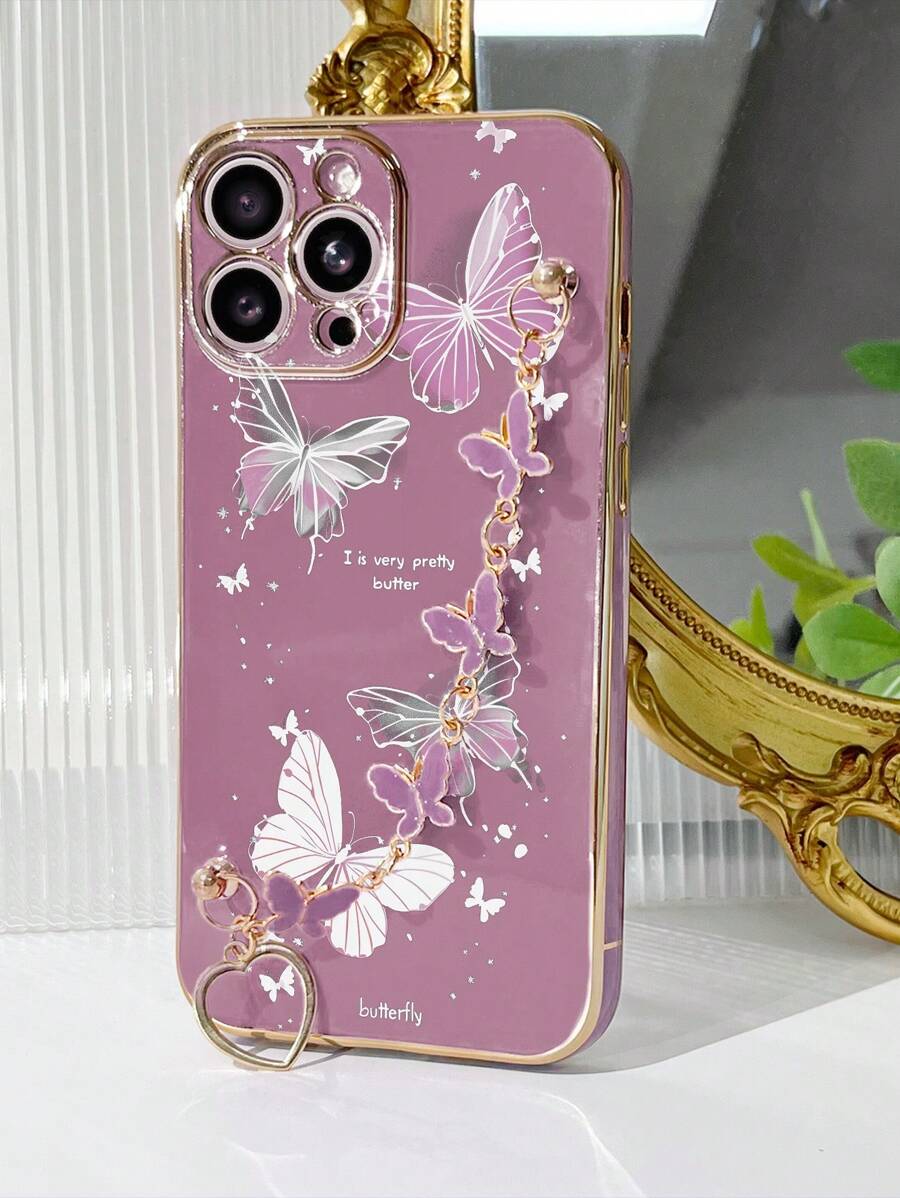 粉紅色1件+紫色TPU電鍍蝴蝶設計防摔手機殼和1件紫色電鍍蝴蝶手鍊，適用於/ iPhone外殼/ 配對手機外殼/ 帶繩手機外殼/ 手腕手機外殼/ 有趣的手機外殼/ Android手機外殼/ Samsung手機外殼/ 小米手機外殼/ OPPO手機外殼/ 兼容蘋果15PRO MAX手機外殼/ 蘋果14PRO MAX/ Samsung A52 4G手機外殼/ Samsung A31 4G手機外殼/ Samsung A23手機外殼/ 紅米Note 11 Pro 4G殼/ 紅米Note 12 4G殼/ OPPO A54殼/ Samsung A14 手機外殼 - 彩色 - 查看 1