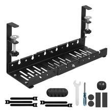 1 pieza Bandeja para gestión de cables debajo del escritorio, organizador extensible y resistente de acero para cables debajo del escritorio, soporte metálico para regleta de enchufes,Bandeja de malla de metal para cables de escritorio sin perforación, con instalación de clips, organizador de cables de ranuras con organizador de cables de escritorio y debajo del escritorio, ajustable, adecuado para escritorio de oficina en casa y de pie - Negro - Ver 1