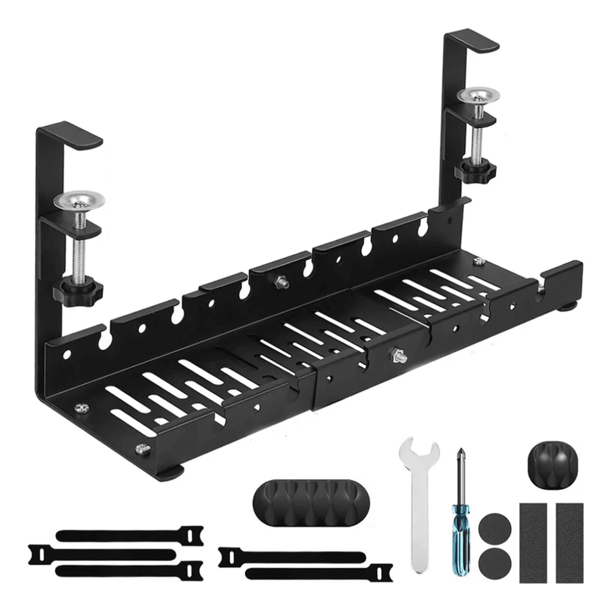 1 pieza Bandeja para gestión de cables debajo del escritorio, organizador extensible y resistente de acero para cables debajo del escritorio, soporte metálico para regleta de enchufes,Bandeja de malla de metal para cables de escritorio sin perforación, con instalación de clips, organizador de cables de ranuras con organizador de cables de escritorio y debajo del escritorio, ajustable, adecuado para escritorio de oficina en casa y de pie - Negro - Ver 1
