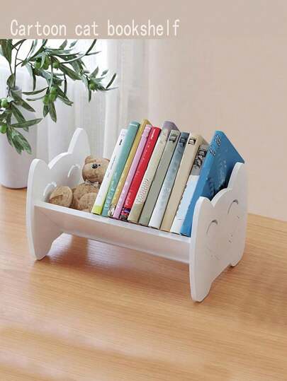 1PC厚木塑板{PVC}现代简约桌面书架适用于家庭书房、办公室桌面书架、客厅收纳、卧室杂志收纳、浴室台面饰面，无味可水洗材料DIY材料DIY组装简单方便，卡通猫书架，加大号猫书架，企鹅小公主，升级螺丝加固。