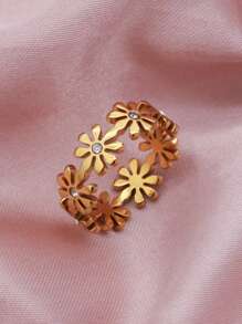 1入時尚情侶旅行戒指，小雛菊和立方氧化鋯綴飾的輕奢設計款，適用於女性 - 金色 - 查看 5