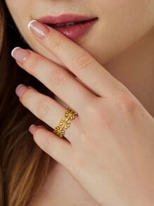 1入時尚情侶旅行戒指，小雛菊和立方氧化鋯綴飾的輕奢設計款，適用於女性 - 金色 - 查看 6