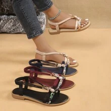 Damskie modne, tkane sandały na płaskim obcasie z kwiatowym wzorem - Szampan - Zobacz 6