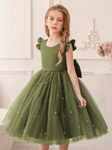 Young Girl Green Cap Sleeve Bow Tulle Party Dress, Elegant Princess Dress For Girls Birthday Party, Wedding, Prom, Holiday Celebration, Flower Girl - Army Green - View 3
