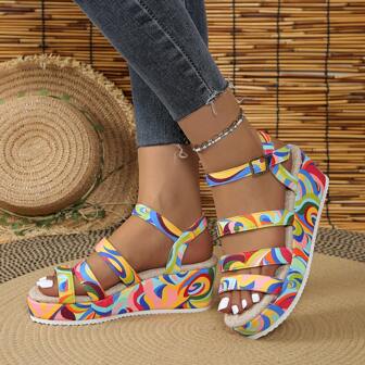 女款紅色花卉紋織物方扣開襟平底松糕鞋，學生風格，休閒運動鞋配彈性帶