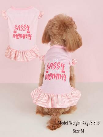 1 件粉色波尔卡圆点蝴蝶结盖袖背心裙适合小型犬、泰迪、比熊宠物衣服