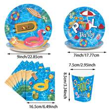 Set de vajilla para fiestas temáticas en la piscina para 10 personas que incluye platos de papel, servilletas, vasos, mantel y decoraciones para fiestas de cumpleaños - Multicolor - Ver 3