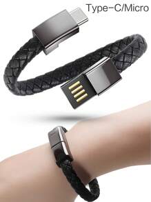 1PC Portable Bracelet Data Cable 22.5cm Wearable USB Wrist Data Cable Braided Wrist Strap Android Micro USB Type-C Leather Bracelet Charging Cable - Black - View 1