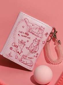 卡通貓咪印花短款三摺錢包，小巧手拿包，信用卡套附貓咪吊飾和透明手機繩