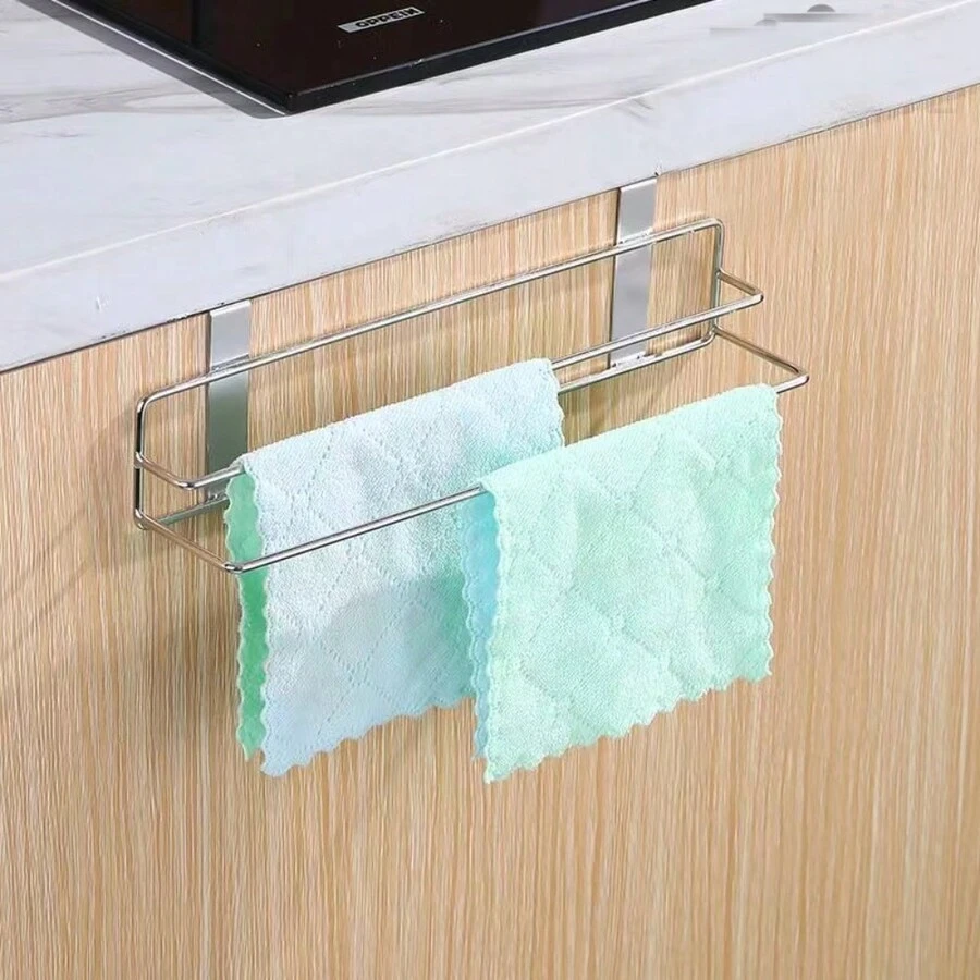 1 pieza Rejilla de almacenamiento de acero inoxidable sin perforar. Rejilla multiusos para toallas de cocina en puertas de armario, estante de organización multifuncional para baños. - Plateado - Ver 1