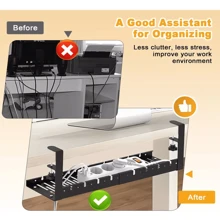 1 pieza Bandeja para gestión de cables debajo del escritorio, organizador extensible y resistente de acero para cables debajo del escritorio, soporte metálico para regleta de enchufes,Bandeja de malla de metal para cables de escritorio sin perforación, con instalación de clips, organizador de cables de ranuras con organizador de cables de escritorio y debajo del escritorio, ajustable, adecuado para escritorio de oficina en casa y de pie - Negro - Ver 4