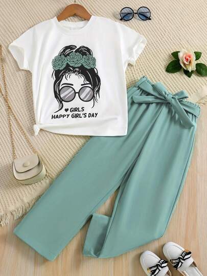 2pcs/Set Girls Summer Thin Outfit, Eyeglasses Print Short Sleeve Breathable Round Neck Top + Solid Color Straight Leg Pants, Fashionable & Casual For Tween Girl, Children Summer Clothes