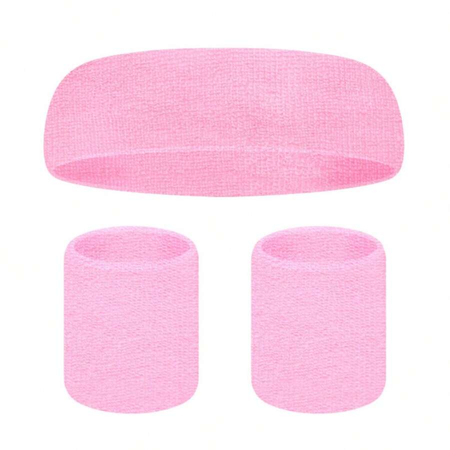 3 Pcs Sweatbands Moisture Wicking 2 Wristbands And 1 20cm Headband Breathable Athletic Bands For Basketball Tennis Yoga Sweat Bands For Costumes And Cosplay - Pink - View 1