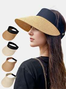 1 Miếng Của phụ nữ mặt trời Mũ Rơm Visor , mặt trời Đối với phụ nữ Mùa hè Có thể đóng gói Tóc đuôi gà bờ biển Mũ Đối với phụ nữ Du lịch UPF 50 + - Màu Khaki - Xem 1