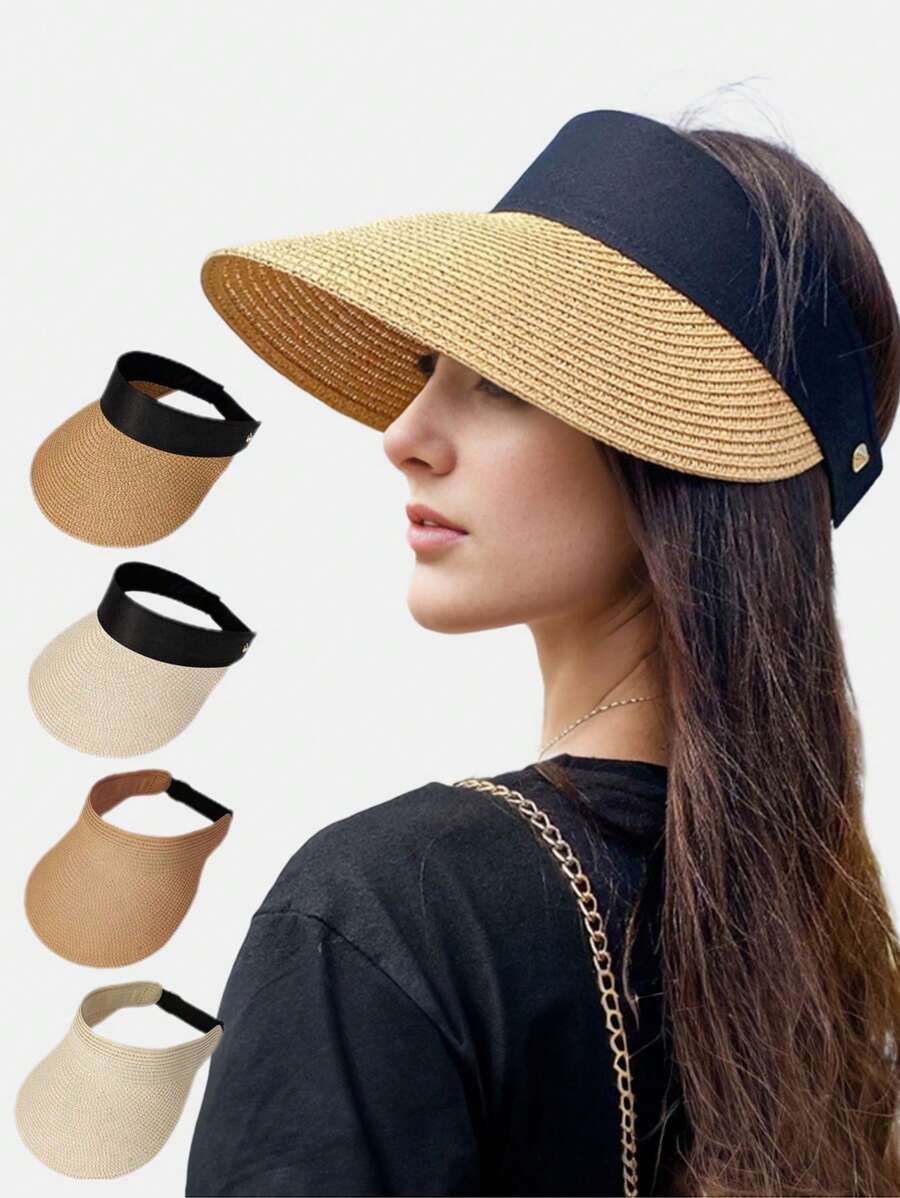 1 Miếng Của phụ nữ mặt trời Mũ Rơm Visor , mặt trời Đối với phụ nữ Mùa hè Có thể đóng gói Tóc đuôi gà bờ biển Mũ Đối với phụ nữ Du lịch UPF 50 + - Màu Khaki - Xem 1