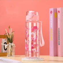 1pc 500ml pink flower pattern water bottle, simple and transparent plastic water cup - Pink - View 14