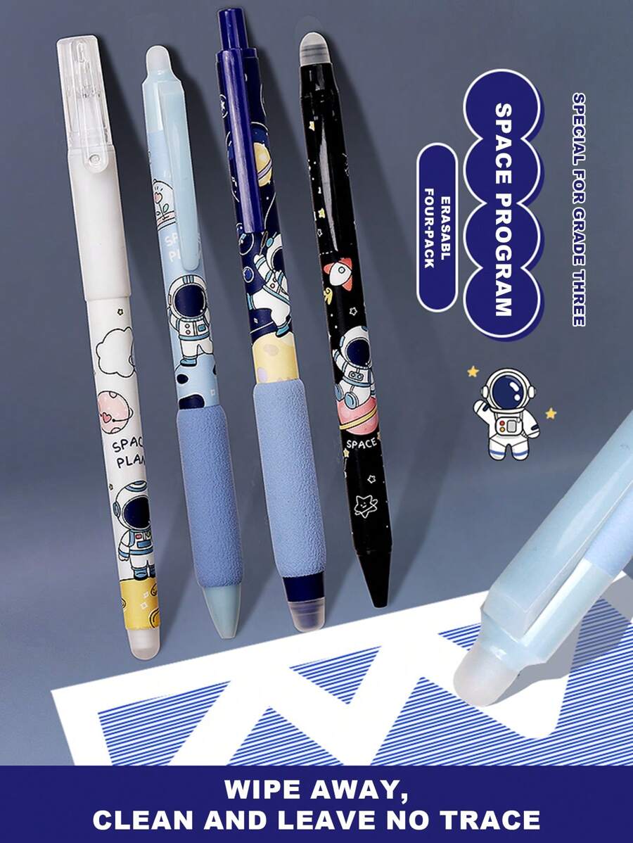 1盒可擦式凝膠筆，太空人圖案，學生專用筆，水晶藍和黑色墨水，0.5mm - 可擦中性筆套裝-1盒4支 - 查看 1