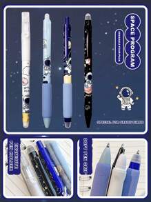 1盒可擦式凝膠筆，太空人圖案，學生專用筆，水晶藍和黑色墨水，0.5mm - 可擦中性筆套裝-1盒4支 - 查看 5