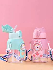 1 pieza Botella de agua de plástico con diseño de caricatura de 600 ml, con pajita y correa de hombro - diseño de caricatura lindo, adecuado para deportes, escuela, viajes; botella de agua kawaii, linda y de gran capacidad, perfecta para la escuela - Multicolor - Ver 2