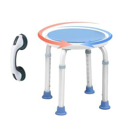 LILIIN Taburete de baño ajustable en altura de 37 a 53 cm, color azul y blanco + asa de baño, taburete de ducha giratorio de 360°, silla de ducha, taburete de baño, ayuda para la ducha, asiento de ducha, asiento de baño para mujeres embarazadas y personas mayores