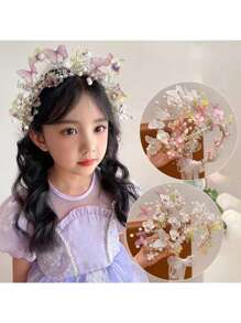 1 pieza Cinta de cabeza linda con estilo de princesa de hadas para niña, diadema de corona de mariposa y flor de red de estilo fresco y campestre, perfecta para dama de honor/boda/actuación en el escenario/viaje/vacaciones en la playa, etc. como decoración del cabello, también es un buen regalo