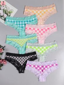 Morvia 7 piezas Juego de bragas con ribetes de encaje para mujeres, bragas tipo hipster cómodas y lindas de cintura baja, estampado de cuadros multicolor en todo el diseño, ropa interior sexy para mujeres, 7 paquetes