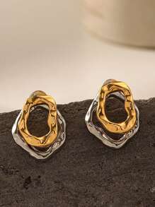 2pcs Fashionable Asymmetrical Double-Layered Hoop Earrings With Simple Gold & Silver Geometric Lines