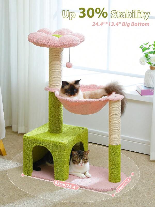 PEQULTI Flower Cat Tree With Large Metal Frame Hammock, 35" Cute Cat Tower With Sisal Scratching Posts For Small Indoor Cats, Cat Condo With Pink Top Perch-Pink