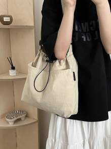 Geantă din material lejeră, de mare capacitate, elegantă, cu închidere cu șnur, curea lată și design de toc pentru școală, navetă și cumpărături