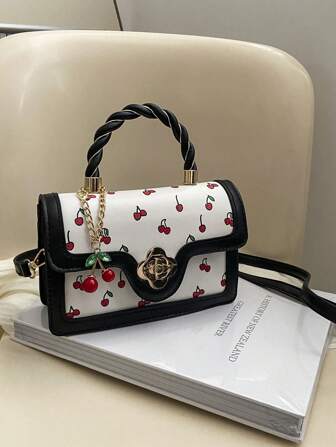 时尚高级女士方形 PU 手提包，可爱樱桃印花单肩包，适合购物、约会和斜挎，可爱樱桃元素