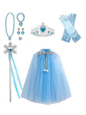 10pcs Princess Cape, Crown, Snowflake, Wand, Necklaces, Bracelets And Rings Set Perfect For Girls' Birthday Party Dress-Up
