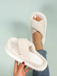 2025 新款 EVA 厚底平底交叉带拖鞋，女士可爱条纹室内休闲拖鞋 - 米色 - 查看 3