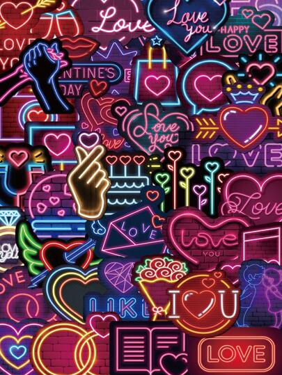 64 Stücke Bunte Neongraffiti-Aufkleber zum Valentinstag, für DIY-Notebook, Laptop, Handyhülle, Wasserflasche, Gitarre, Gepäck, Skateboard, Helm, wasserdichte Dekoration Aufkleber