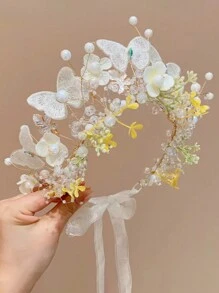 1 pieza Cinta de cabeza linda con estilo de princesa de hadas para niña, diadema de corona de mariposa y flor de red de estilo fresco y campestre, perfecta para dama de honor/boda/actuación en el escenario/viaje/vacaciones en la playa, etc. como decoración del cabello, también es un buen regalo