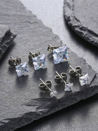 1 pieza Pendiente de acero inoxidable Zirconia Hip-Hop clásico de forma cuadrada y unisex, estilo versátil